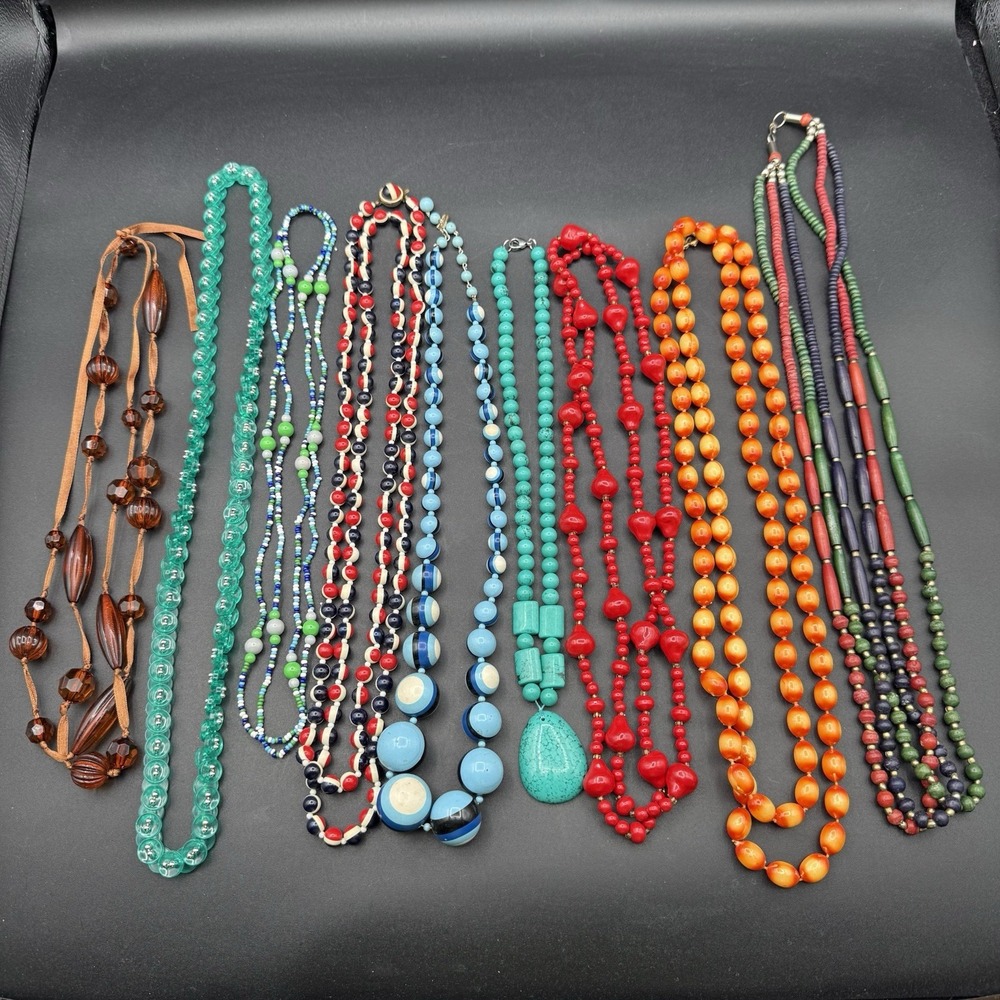 Vintage Necklaces Lot of 9 Beads Plastic Lucite Shell Costume Jewelry Multicolor